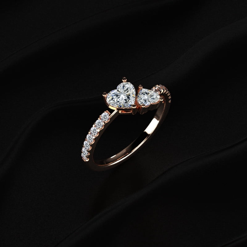 14k Yellow Gold Plated Moissanite Toi et Moi Ring Double Heart Cut Two Stone Engagement Ring for Women