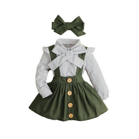 

Toddler Girl Outfits Long Sleeve Shirt Overall Skirt Headband Set School Uniform Dress