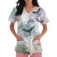 thumbnail image 2 of Domuza Women's Halloween Scrubs Shirts Pumpkin Graphic Casual Soft Stretchy Short Sleeve V Neck Tee Shirts Breathable Nurse Uniforms Top with Pocket Blue 5XL, 2 of 5