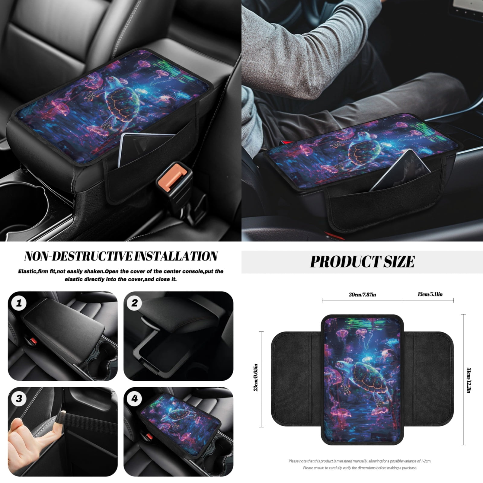 Jeiento Sea Turtle Car Seat Covers Set 14 Pcs Auto Seat Protector with Steering Wheel Cover Seat Belt Pads Garbage Bag Armrest Cover Handbrake Cover Set Rear View Mirror Protector Coasters
