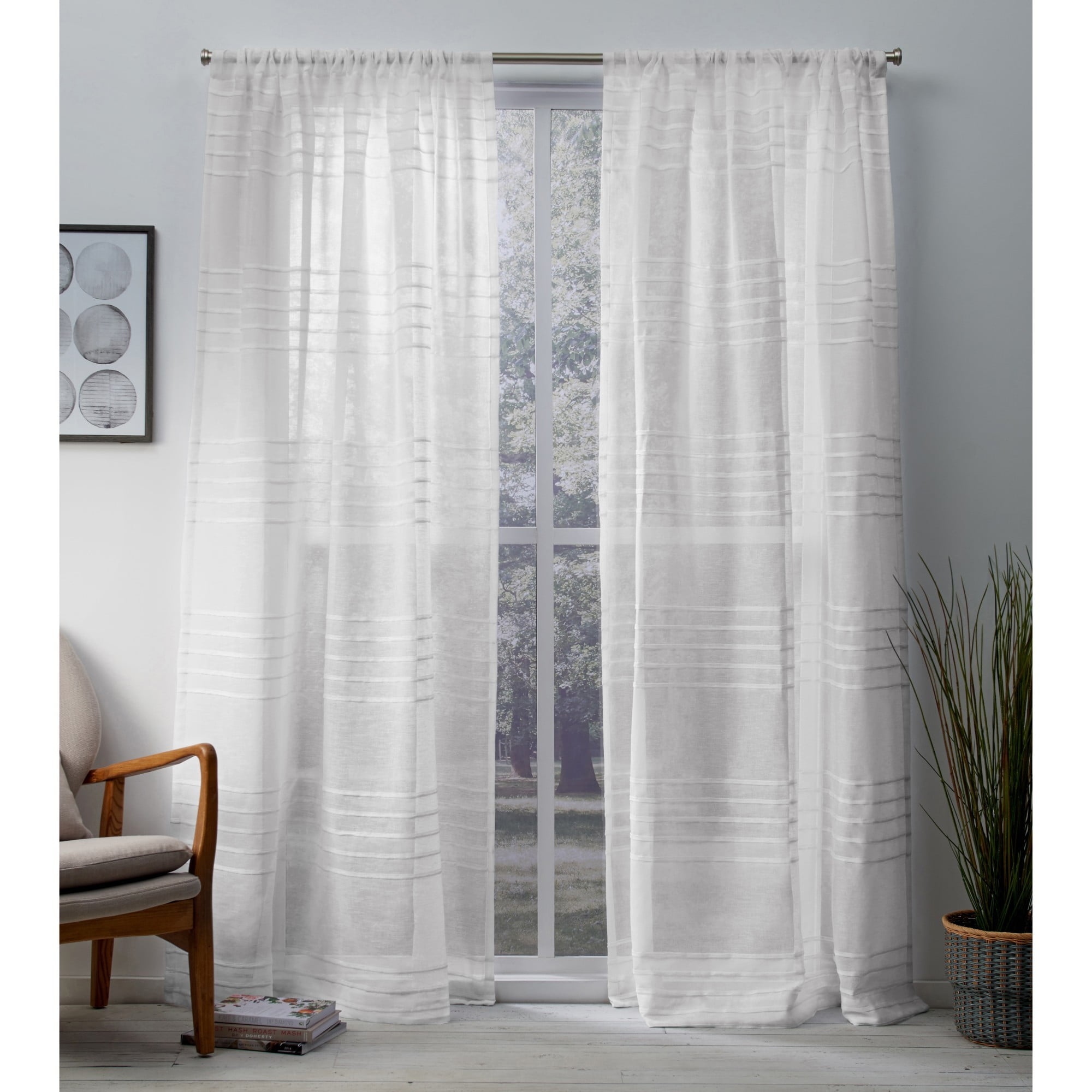 Exclusive Home Curtains 2 Pack Monet Pleated Sheer Linen Cabana Stripe Rod Pocket Curtain Panels ...