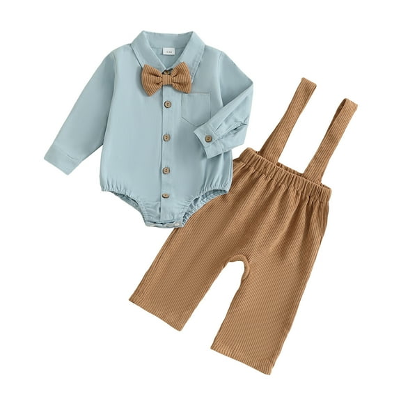 Xudanell Outfit Baby Boys Bib Pants Outfits Elegant Bow Tie Romper Overall Button Wedding Birthday Set Blue 3-6 Months