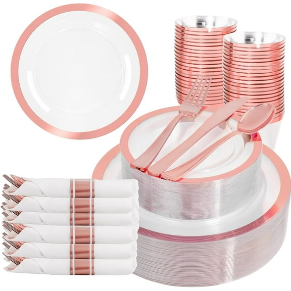 350PCS Rose Gold Plastic Plates - Clear with Rose Gold Rim for 50Guests Dinnerware - Include 100 Plates disposable 150 PCS Silverware 50 Napkins for Wedding&Party