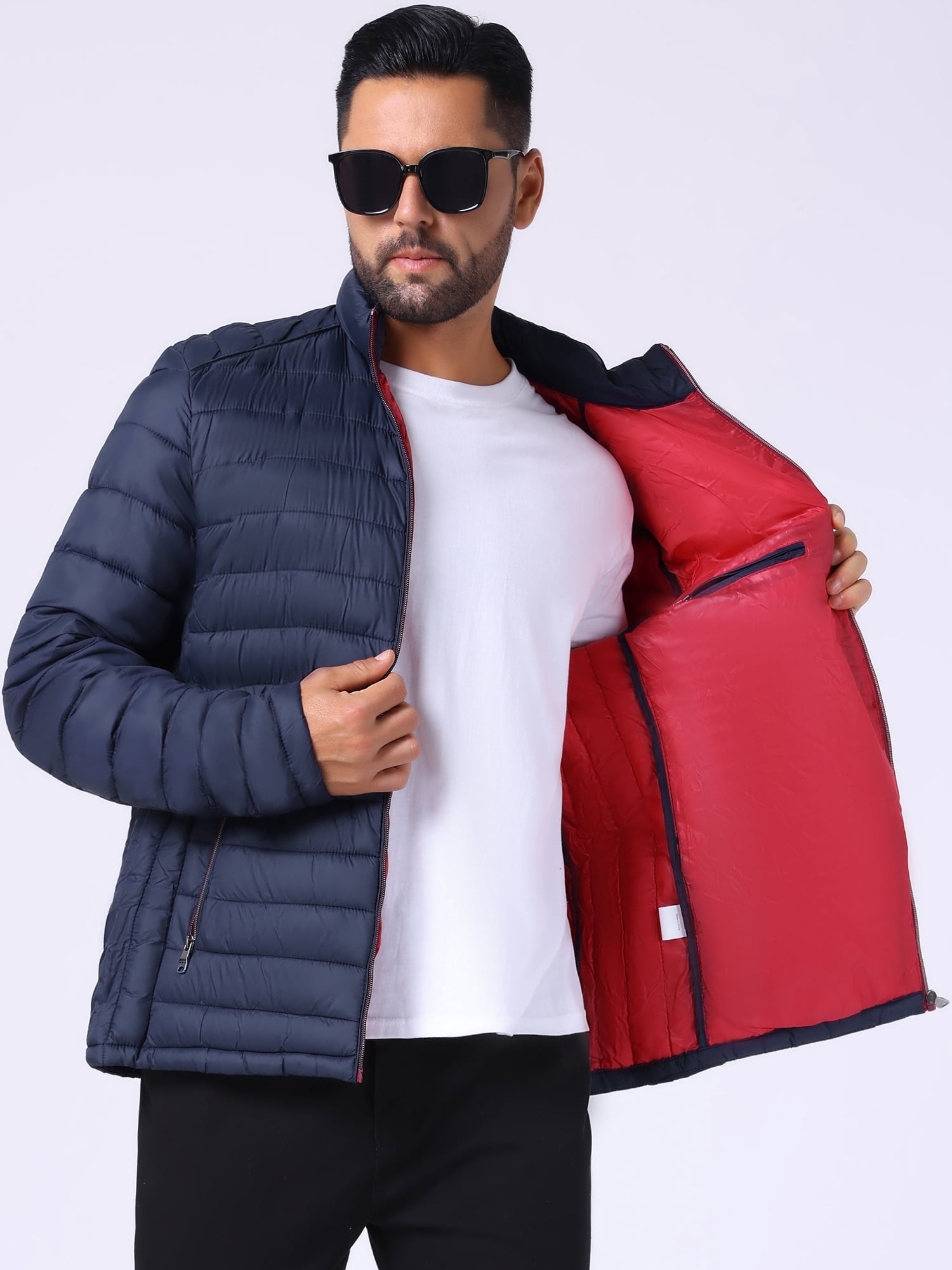 DARING DIVA Men's Winter Solid Stand Collar Zipper Quilted Puffer Jacket M Dark Blue