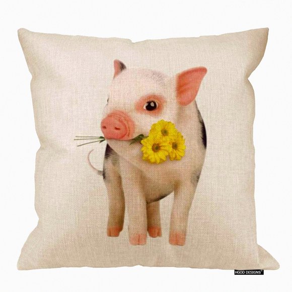 Pink Pet Piggy Pillowcase - Cute Cotton Linen Square Cushion Cover with Yellow Daisy Design - 18 X 18 Decorative Throw Pillow Case