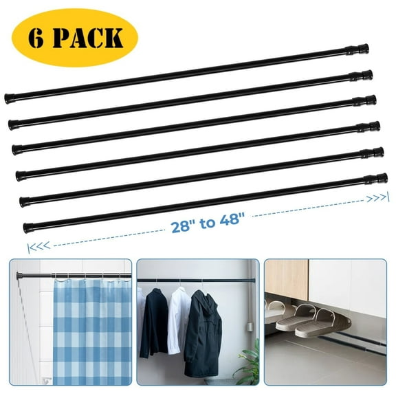 BEAMNOVA 6Pcs Tension Curtain Rod for Windows Cabinet Wardrobe Closet 28"-48" Adjustable, 1/2" Diameter, Black