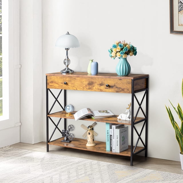 Langgg Table Console à 3 Niveaux pour Entrée avec Tiroir et 2 Rangements Ouverts, Table de Canapé Industrielle avec Rangement pour Salon, Table Console Étroite avec Design en X, Robuste et Durable