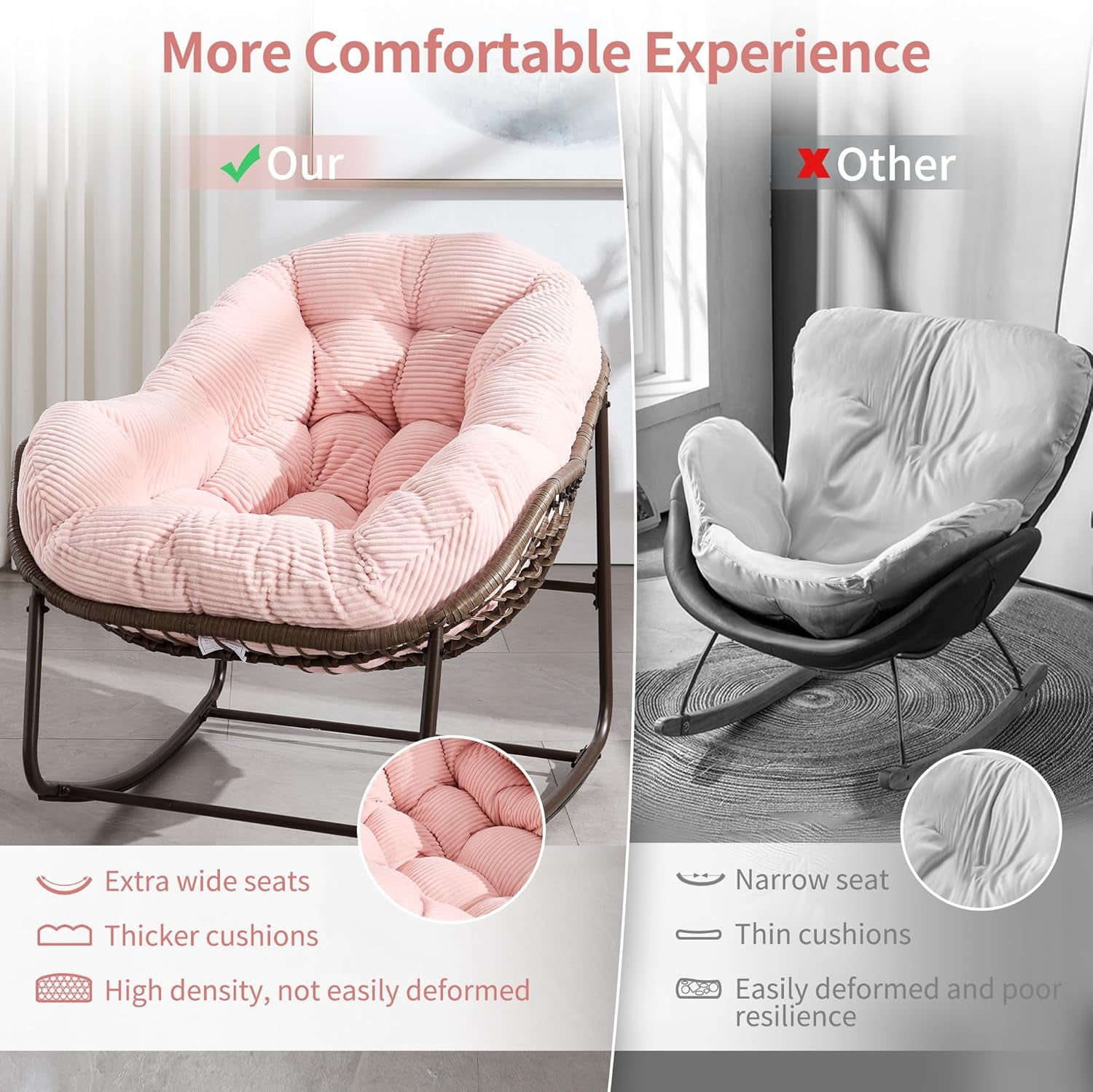 MOONMISS Outdoor Patio Rattan Oversized Rocking Chairs Set of 2 with Corduroy Padded Cushion-Pink