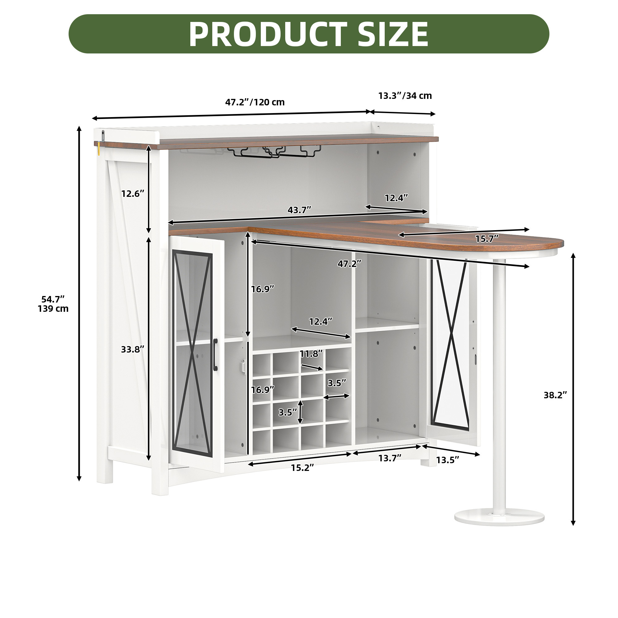 Uforic Wine Cabinet with Power Outlets & LED Lights, Bar Table with Wine Storage & Glass Rack, White