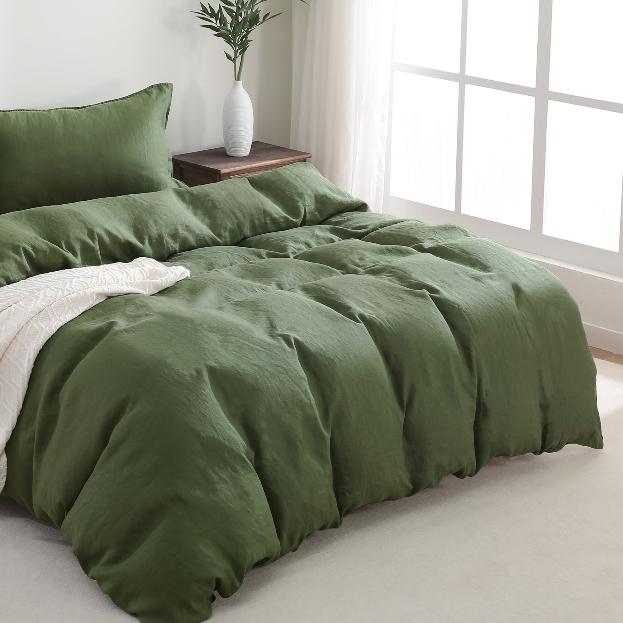 100% Pure Linen Duvet Cover with Button Closure and Corner Ties Soft & Breathable - Green Full/Queen