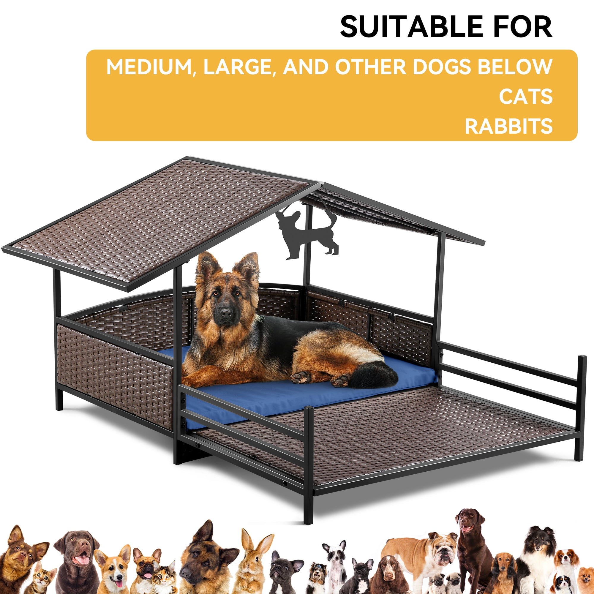 Dextrus 32.9in Outdoor Rattan Dog House with Canopy, Water-Resistant Dog Bed with Blue Cushion for Small, Medium, Large Dogs,Brown&Blue