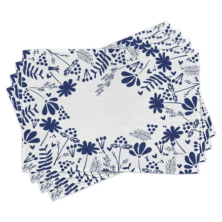

Navy Placemats Set of 4 Botanical Beauty Flower Branches Ferns Leaves Bushes Spring Themed Illustration Washable Fabric Place Mats for Dining Room Kitchen Table Decor Indigo White by Ambesonne