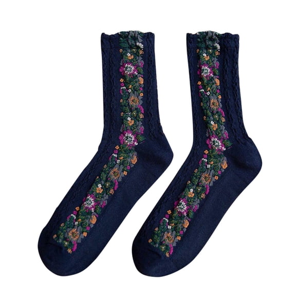 MZXELPRJD No Show Socks Womens Mid Tube Spring Knitted Cotton Retro Ethnic Style Floral Cotton Stockings, Womens Socks Ankle Navy