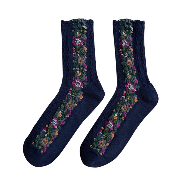 Liquidation Ukumplol Chaussettes à la Cheville pour Femmes Chaussettes Montantes pour Femmes Mi-Mollet Printemps Tricotées en Coton Rétro Ethniques à Motif Floral Bas en Coton Chaussettes Chauffantes Bleu Marine Taille Unique