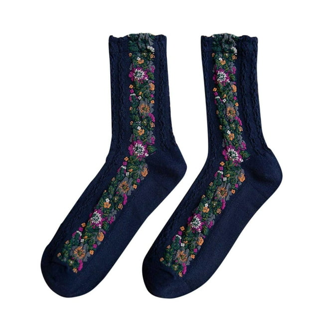 WEAIXIMIUNG Chaussettes pour Filles 9-12 Femmes Mi-Mollet Printemps Tricotées Style Ethnique Rétro Bas Floraux