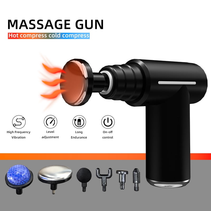Mini Percussion Massage Gun with Heat and Cold Compress, Electric Muscle Massager for Athletes, 6 Interchangeable Heads, 5-Speed Quiet Brushless Motor, Portable Travel Case Included