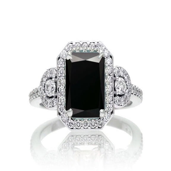 1.5 Carat Emerald Cut Three Stone Black Diamond Halo Diamond Ring on 10k White Gold