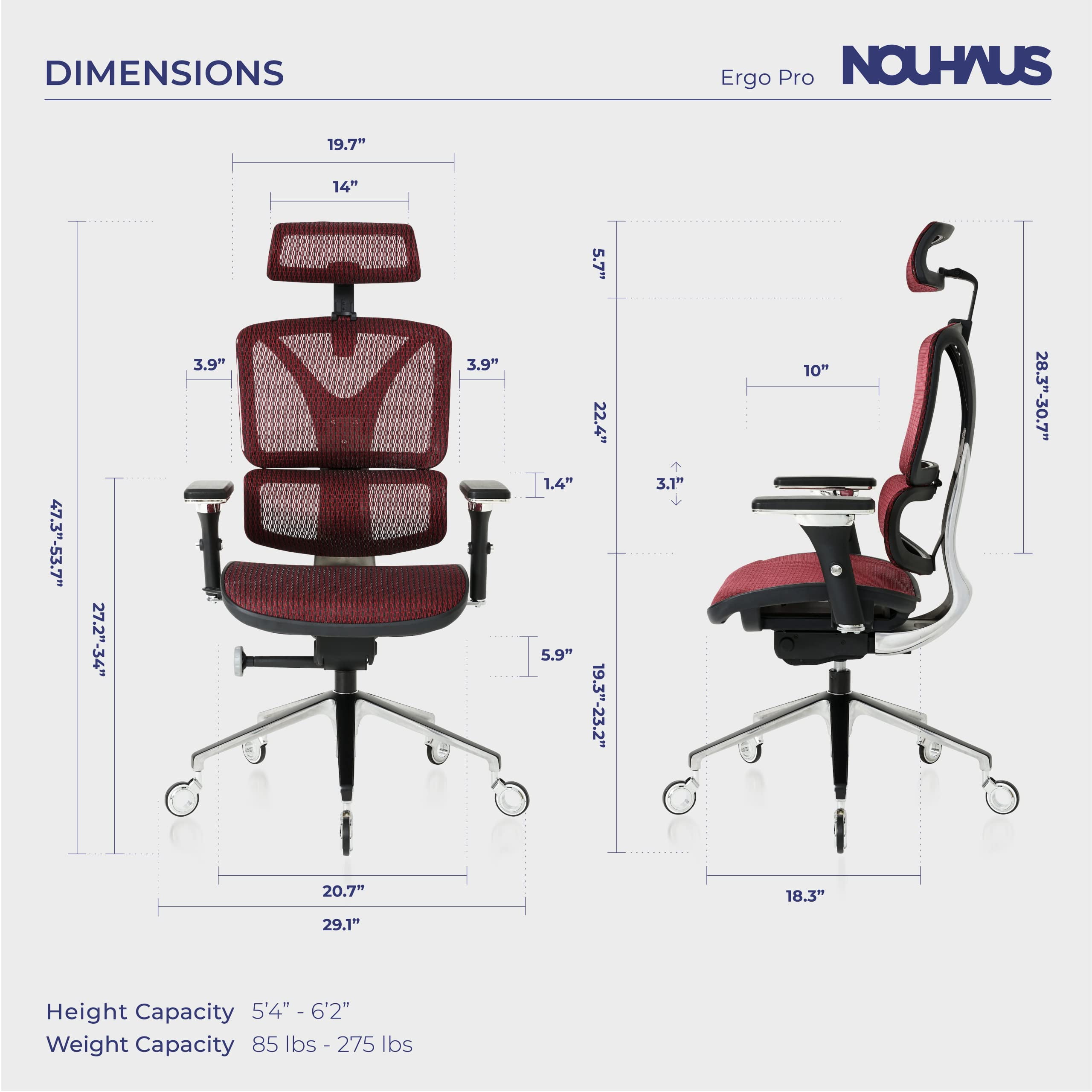 NOUHAUS ErgoPRO Mesh Ergonomic Swivel Office Chair with Adjustable Armrests, Lumbar Support, Headrest  for Home Office , Burgundy