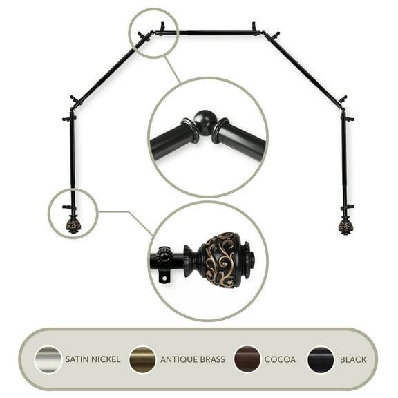 3/4" Dia Adjustable 5 Sided Bay Window Curtain Rod 28 to 48" (each side) in Black with Ingo Finials,(5Bay-89-2)