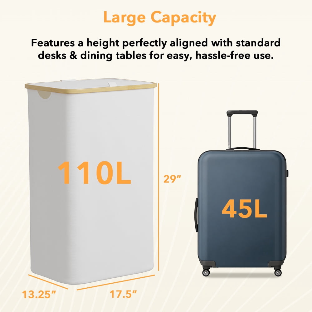PLUMEBAY 110L Laundry Hamper with Lid, Large Foldable Clothes Basket with Bamboo Handles, Tall Fabric Hamper for Bedroom, Bathroom, Dorm, White