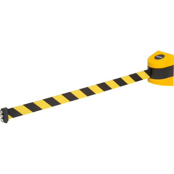 Global Industrial Magnetic Retractable Belt Barrier, Black Case W/30' Black/Yellow Belt