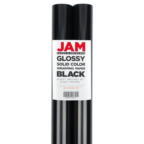 JAM Paper & Envelope Glossy Black Wrapping Paper, All Occasion, 25 Sq. ft., 2/Pack