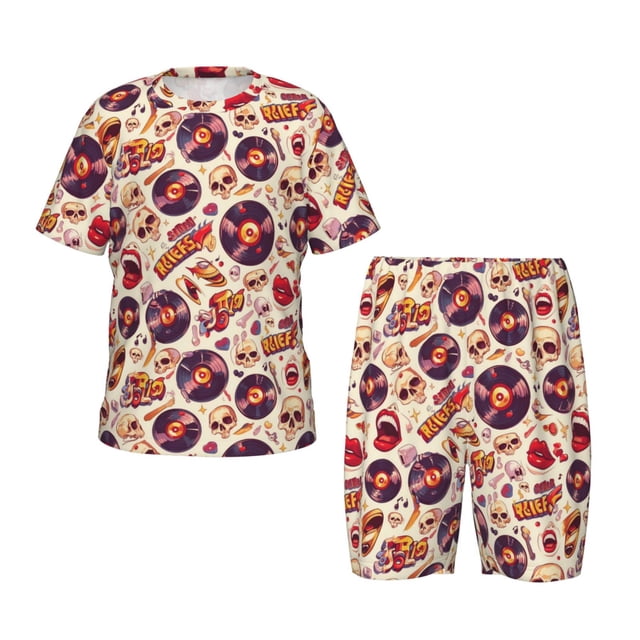 Fotbe rock music Skull record Pijama Estampada de 2 Piezas para Niños – Ropa de Dormir de Manga Corta Cómoda para Niños y Niñas, Camiseta y Shorts de Algodón-4X-Large