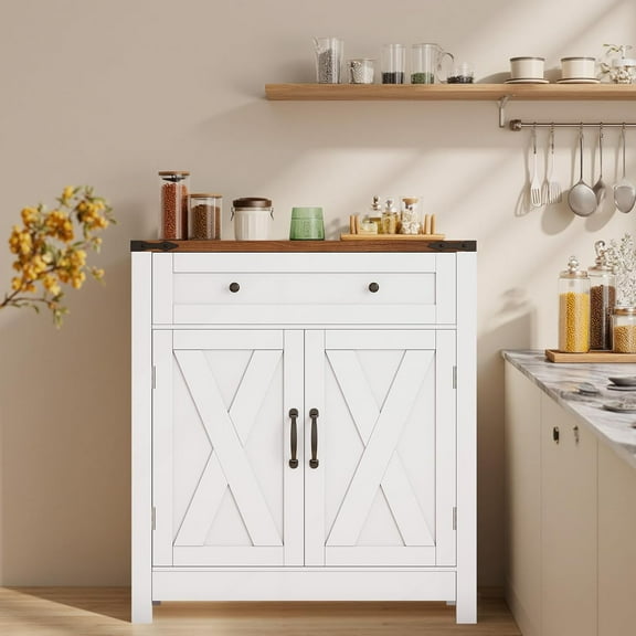 30" Coffee Bar Station, Kitchen Sideboard Buffet Cabinet with a Drawer and Adjustable Shelf, Modern Farmhouse Storage Cabinet for Kitchen, Living Room, Entryway, White