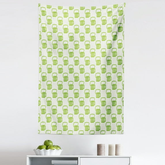 Green Tapestry, Holiday Theme with Foamy Beer Glasses Celebration Fun Doodle Pattern Design, Fabric Wall Hanging Decor for Bedroom Living Room Dorm, 5 Sizes, Apple Green White, by Ambesonne