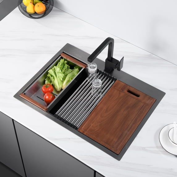 27" X 22" Drop in Workstation, Stainless Steel Kitchen Sink, Drop in Sink, Topmount Single Bowl Sinkwith All Sink Accessories, Gunmetal Black