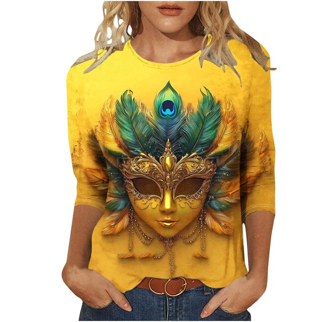 Penkiiy Blouse de Carnaval pour Femme Mardi Gras Mode Imprimé Décontracté Col Rond Manches 3/4 T-shirt Blouse S Multicolore