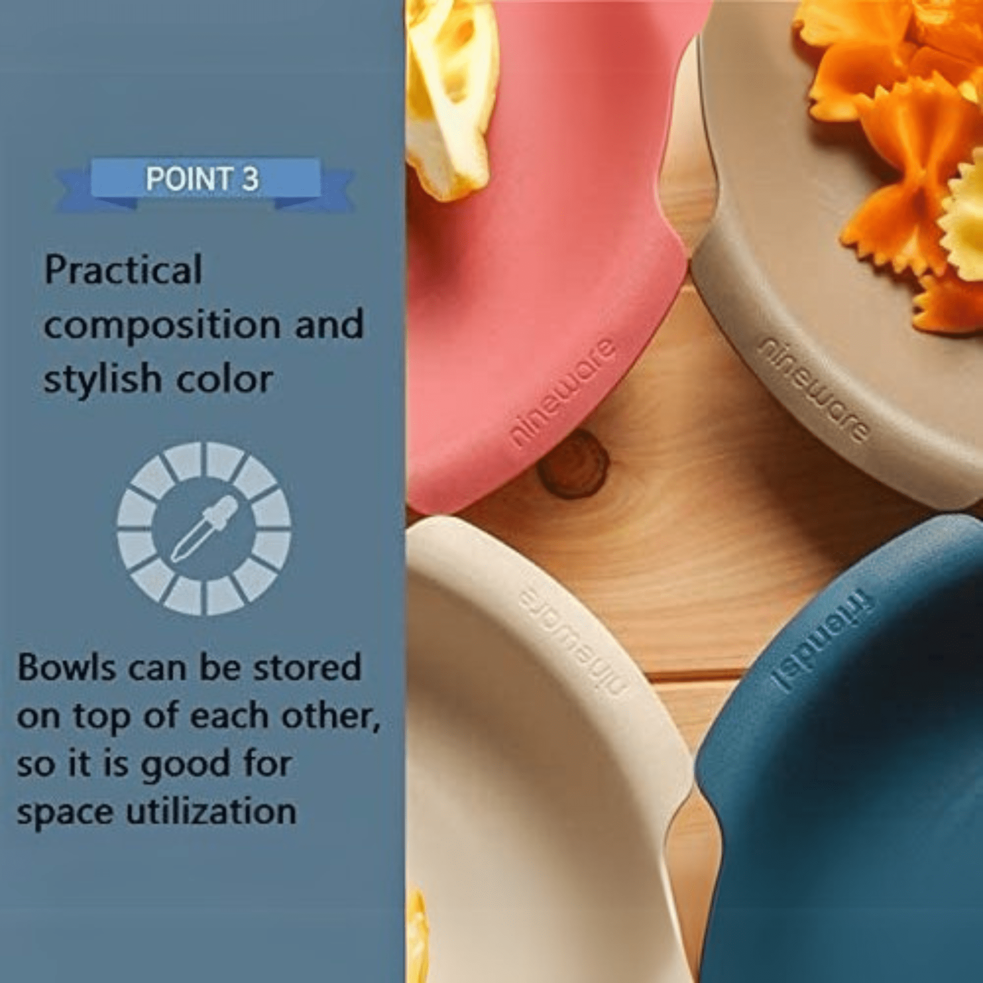 Nineware Pasta Bowl Set (Set of 4) | 9.3" X 8.2" X H 1.38" (3.7oz) | Stackable Design | Plastic Bowl Set | Dishwasher & Microwave safe | Made in Korea