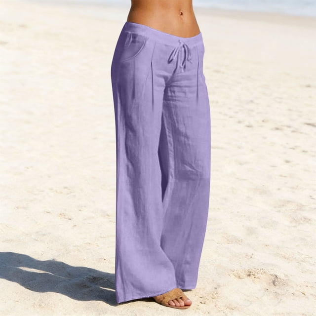 TaTaai Women Casual Cotton Linen Long Pants Solid Drawstring Ruched with Pockets Ladies Weekend Outdoor Vacation Wear Breathable No Fading Soft Comfortable Bottoms Gift