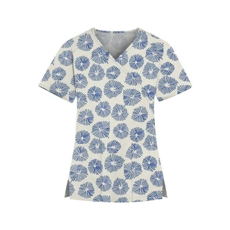 

BIZIZA Scrub Tops Women Dressy Short Sleeve Plus Size Scrub tops with Two Pocket V Neck Graphic Tops for Womens Navy L