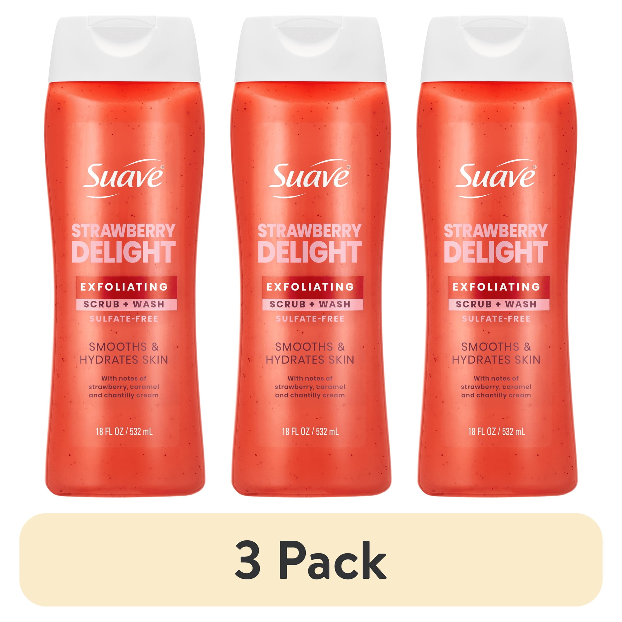 (3 pack) Suave Strawberry Delight Exfoliating Body Wash & Scrub with Glycerin & Vitamin E, Sulfate-Free Hydrating Cleanser for Soft, Smooth Skin, 18 fl oz