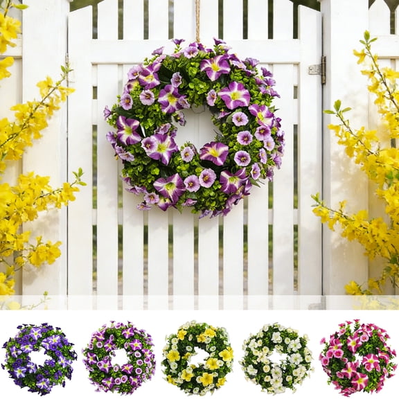 Spring Summer Wreaths for Front Door 15.39inch,UV Resistant Artificial Eucalyptus Faux Floral Wreath - Realistic Silk Morning Glory Colored Flowers,Farmhouse Home Wedding Indoor Outdoor Decor
