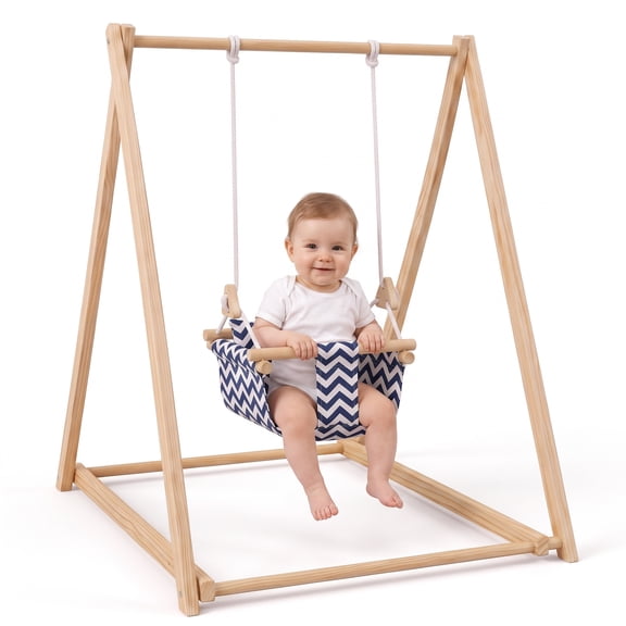 Avenlur Spruce Baby Swing, Foldable Wooden Indoor Swing with Stand Montessori swing 6-36 months; foldable baby swing, wooden baby swing, indoor baby swing with stand (Blue Wave)