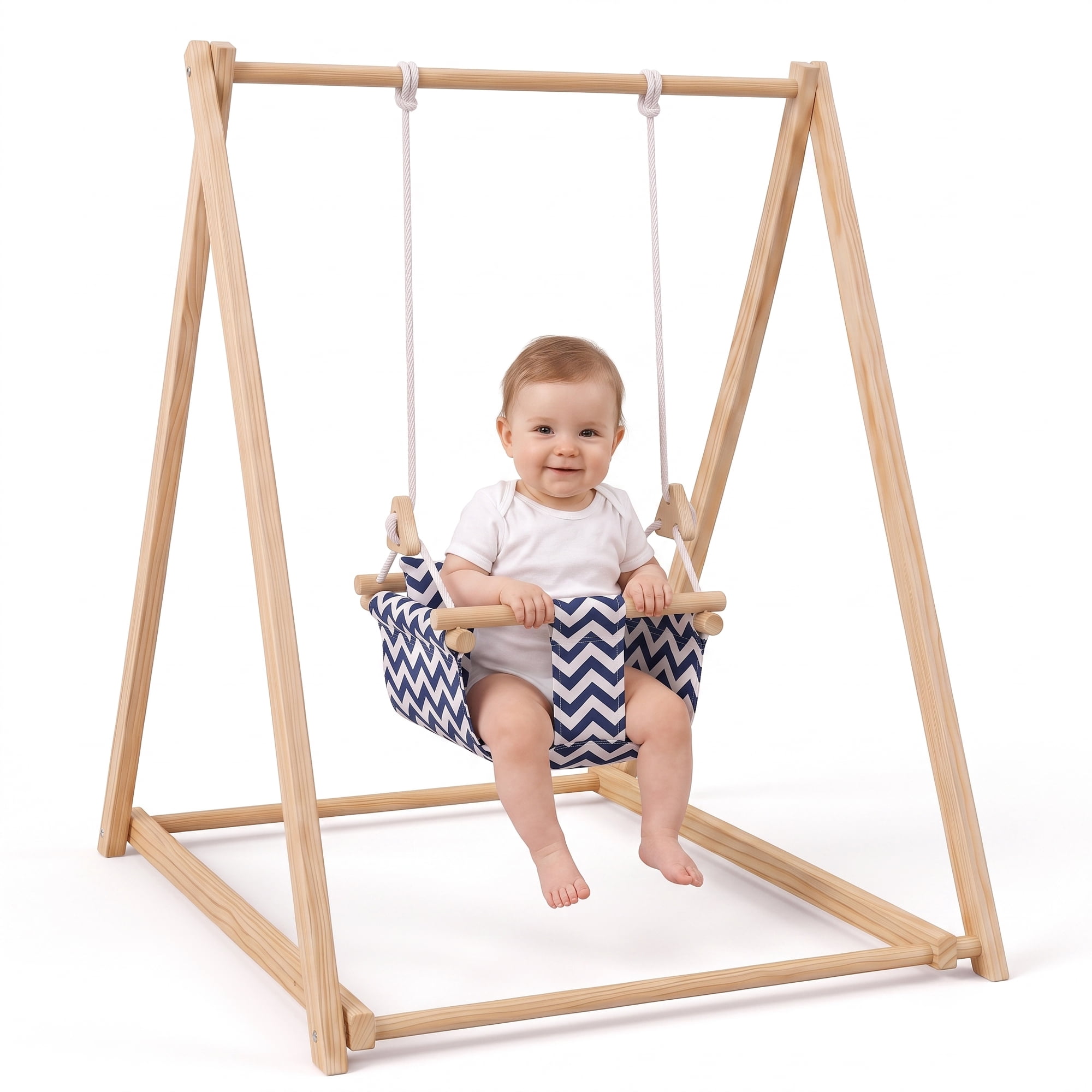 Avenlur Spruce Baby Swing, Foldable Wooden Indoor Swing with Stand Montessori swing 6-36 months; foldable baby swing, wooden baby swing, indoor baby swing with stand (Blue Wave)