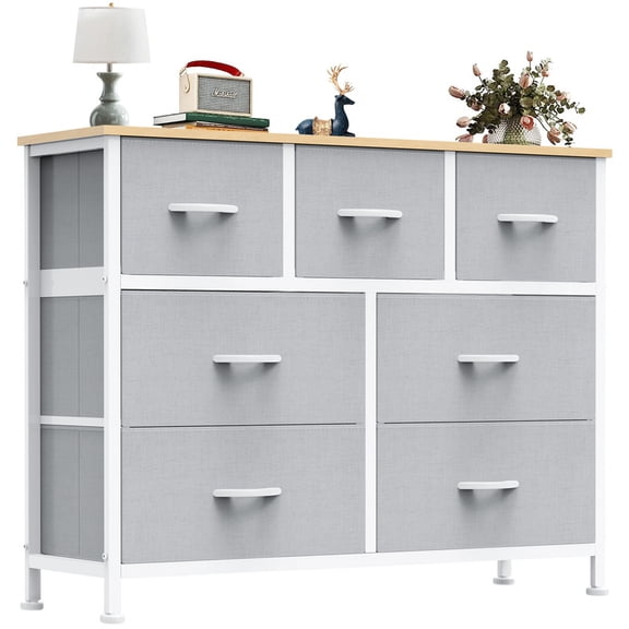 Gianna Chest of Drawers with 7 Fabric Drawers, Drawer Cabinet, Organization Furniture for Kitchen, Office, Hallway, Light Gray