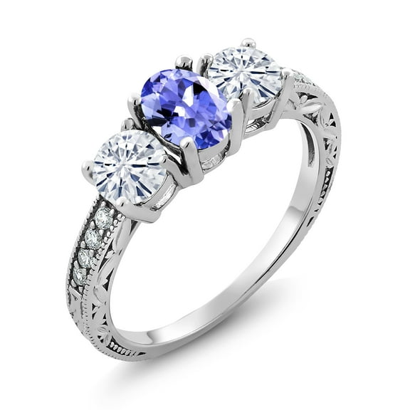 Gem Stone King 925 Sterling Silver 3-Stone Ring Oval Tanzanite Moissanite(1.87 Cttw) (Size 8)