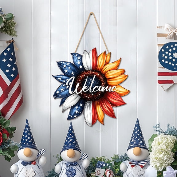 Fwttom 4Th of July Decorations, Independence Day Sunflower Pendant with Star and Stripe for Porch Decor