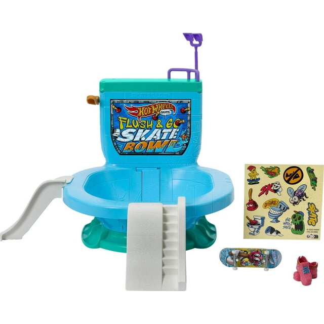 Hot Wheels Skate Flush & Go Skate Bowl Fingerboard Set with a blue toilet-shaped skate bowl, green tank, purple flusher lever, white toilet paper roll ramps, slide ramp, grind rail, one exclusive fingerboard with cartoon graphics, removable pink skate shoes, and a sheet of skate-themed stickers.