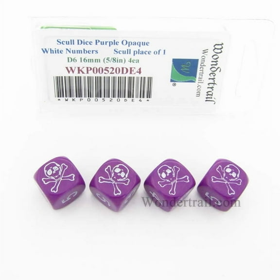 Skull Dice Purple Opaque with White Numbers D6 16mm (5/8in) Set of 4 Wondertrail