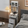 thumbnail image 3 of Spaco Vanity Desk with Sliding Mirror and LED Lights, Makeup Table with Charging Station and Storage Shelves, Compact Mini Corner Vanity Set with Hidden Storage Stool for Small Space, White, 3 of 15