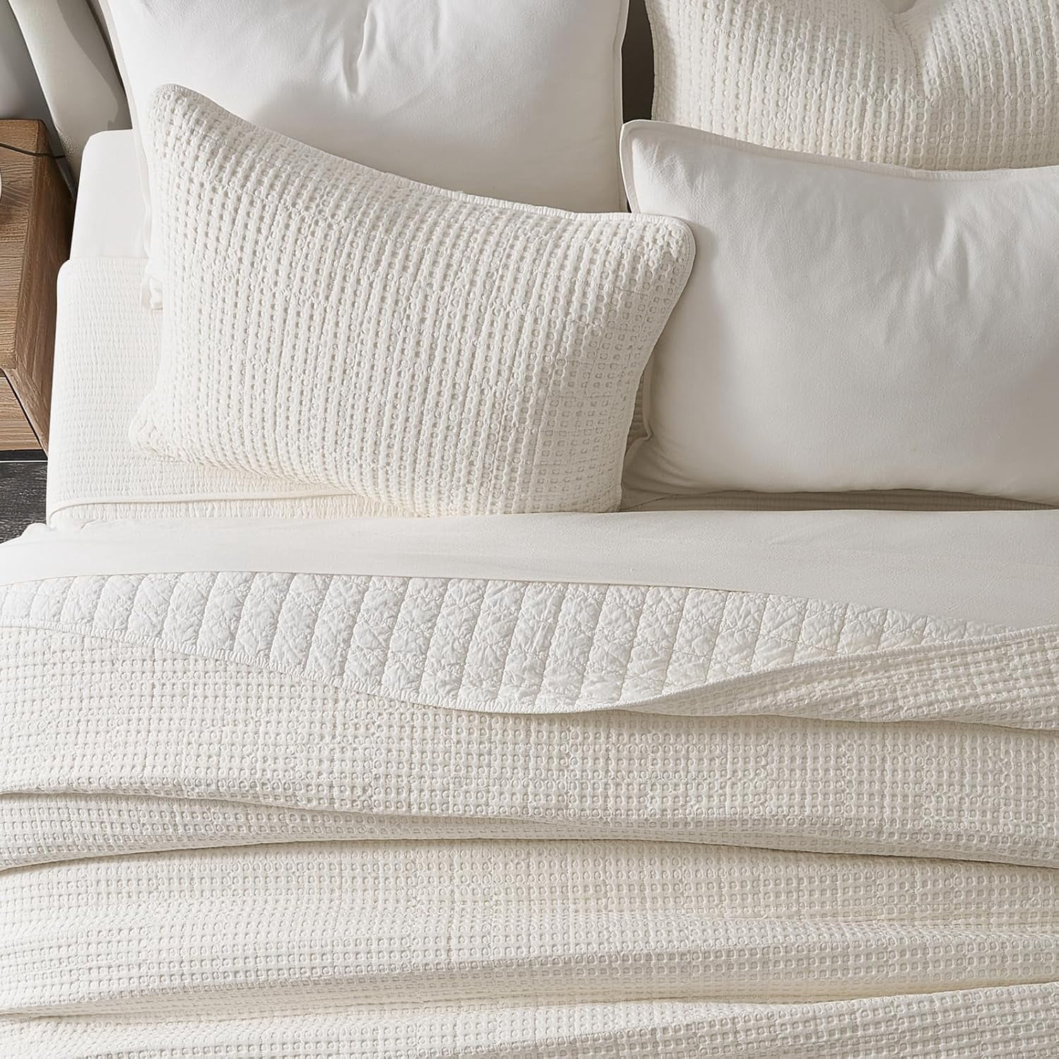 EVERGRACE Stonewashed 100% Natural Cotton Waffle Quilt Set King Size 3 Pieces, Soft, Breathable & Substantial Bedding, Quilted Coverlet Bedspread with 2 Shams for All Seasons, Bright White