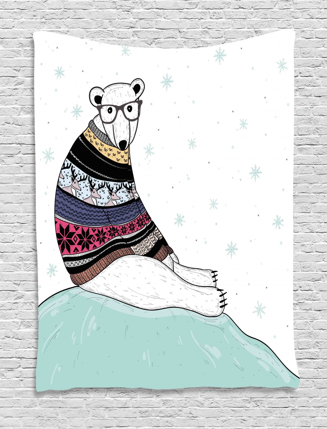 Bear Tapestry, Hipster Polar Bear with Fair Isle Style Sweater Sitting on  Ice Christmas Snowflakes, Wall Hanging for Bedroom Living Room Dorm Decor,  