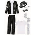 thumbnail image 3 of Pop Star Halloween Costume Set, Black Sequin Jacket, Trousers, Hat, Gloves, 80s Retro Stage Outfit, 5 Piece, 3 of 6