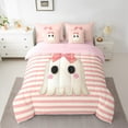 thumbnail image 2 of Manfei Kawaii Bowknot Ghost Twin Bedding Sets 7-Piece for Teen, Pink Stripes Geometric Bedding Comforter Set, Sugar Halloween Reversible Sheet Sets, Ultra Soft Home Decor, 2 of 7