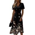 thumbnail image 2 of Minjewel Women's Floral V-Neck Short Sleeve Print Shift Mini Dress - Summer Casual Beach Outfit, Loose Flowy Party Dress, Comfy Vacation Top,Black,M, 2 of 6