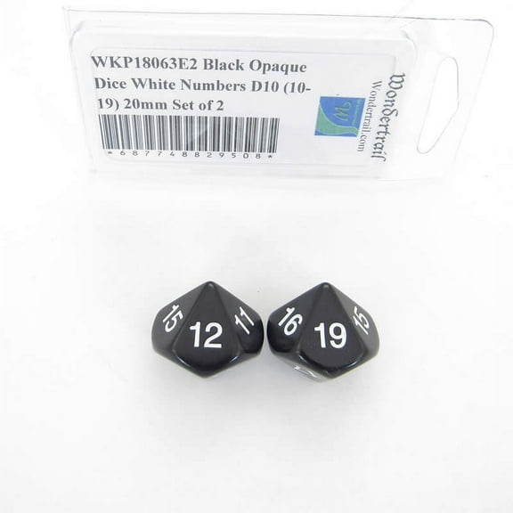 Black Opaque Dice with White Numbers D10 (10-19) 20mm (25/32in) Set of 2 Wondertrail
